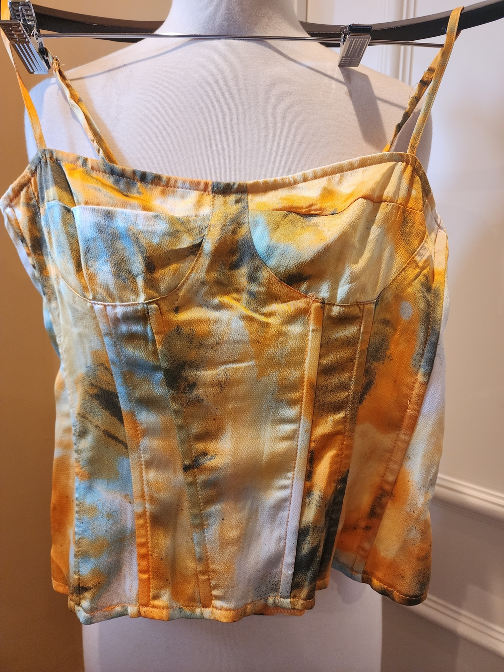 PrettyLittleThing Yellow and Blue Tie-Dye Corset